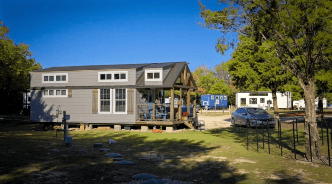 Tree-lined intentional tiny living homestead at NamaStay Hideaway near Van Alstyne, Texas.