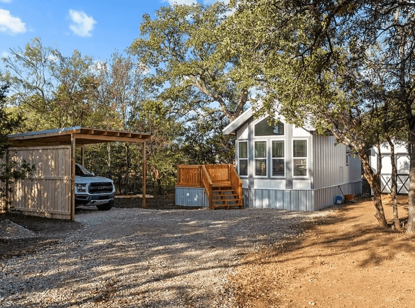 Old-growth woodland pads at The Grove THOW-only micro-retreat near Mineral Wells, Texas.