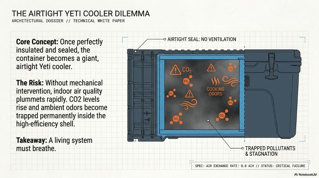 The airtight Yeti cooler dilemma: sealed containers trap CO₂ and cooking odors without mechanical ventilation—air exchange rate hits zero.