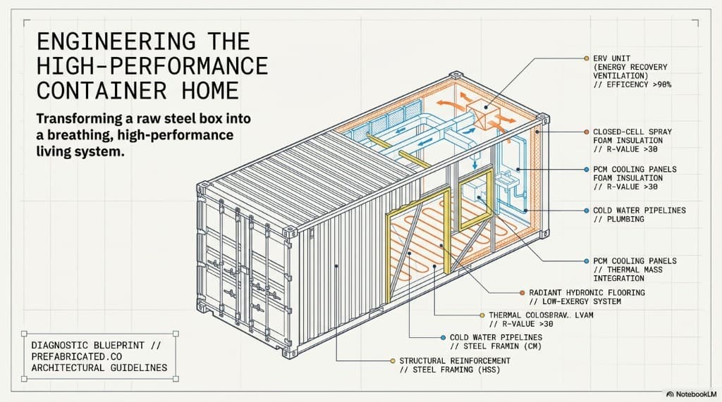 Diagnostic blueprint: transforming a raw steel container into a high-performance living system with insulation, ERV, plumbing, and structural reinforcement.