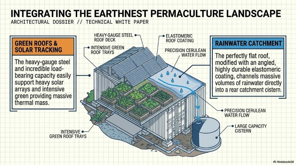 EarthNest integration: solar array, intensive green roof trays, elastomeric roof coating, and rear cistern catchment on a container roof deck.