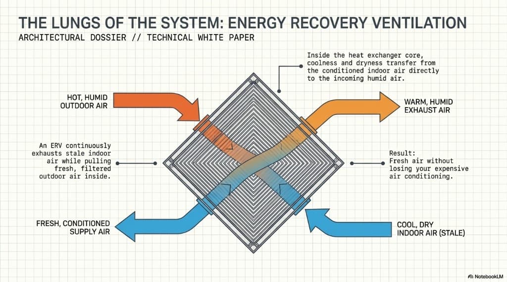 ERV heat exchanger core: fresh conditioned supply air without losing expensive cooling— the lungs of a high-performance container home.