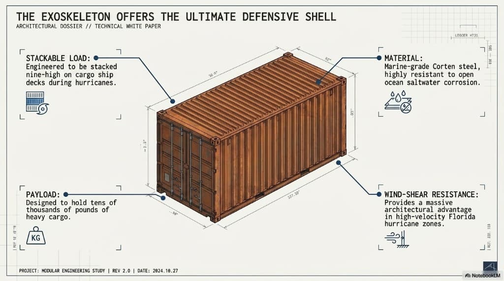 The exoskeleton offers wind-shear resistance, stackable load capacity, and marine-grade Corten steel—advantages in Florida hurricane zones when properly anchored.