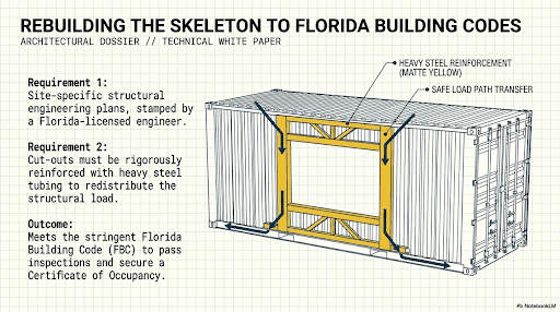 Safe load path transfer: matte yellow steel tubing at openings redirects structural loads per PE-stamped plans.