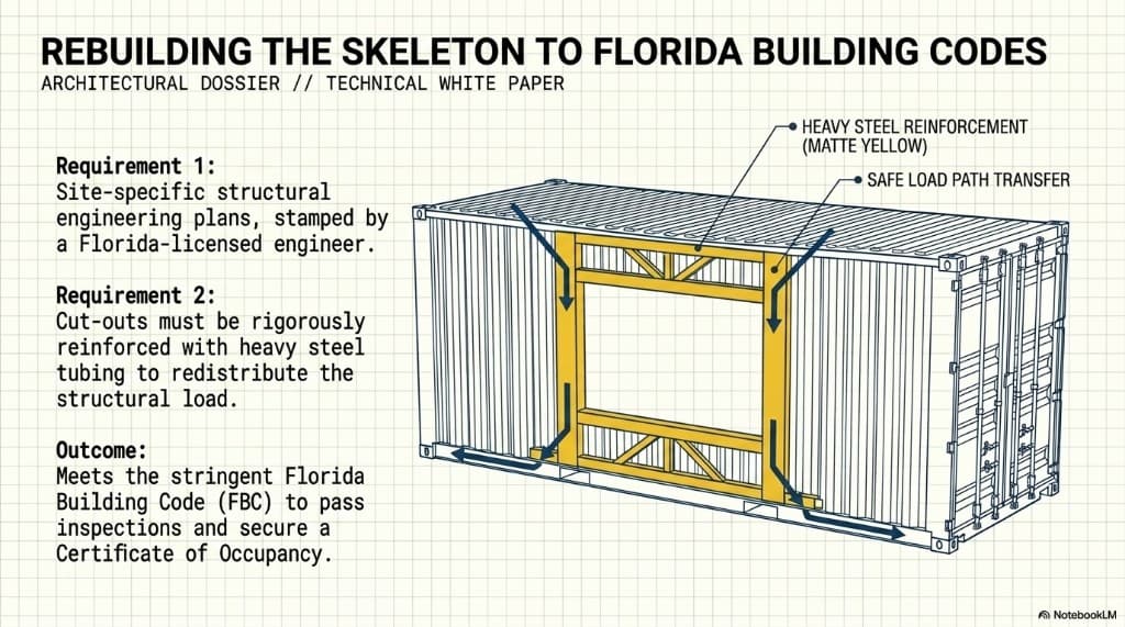 Rebuilding the skeleton to Florida Building Code: heavy steel reinforcement at cut-outs transfers load safely to the container chassis for Certificate of Occupancy.