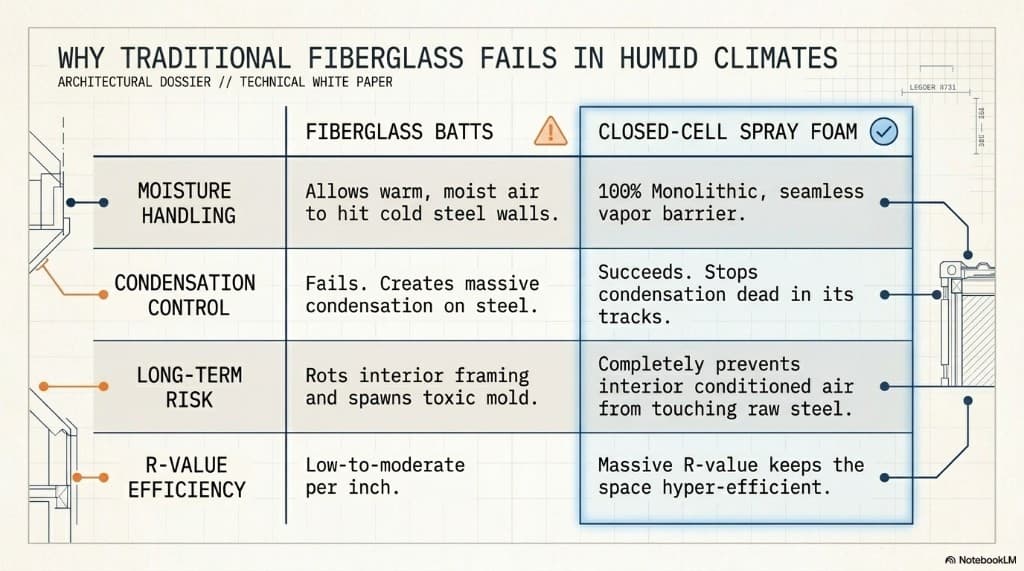 Comparison: fiberglass batts fail on steel in humid climates; closed-cell spray foam provides a monolithic vapor barrier and condensation control.