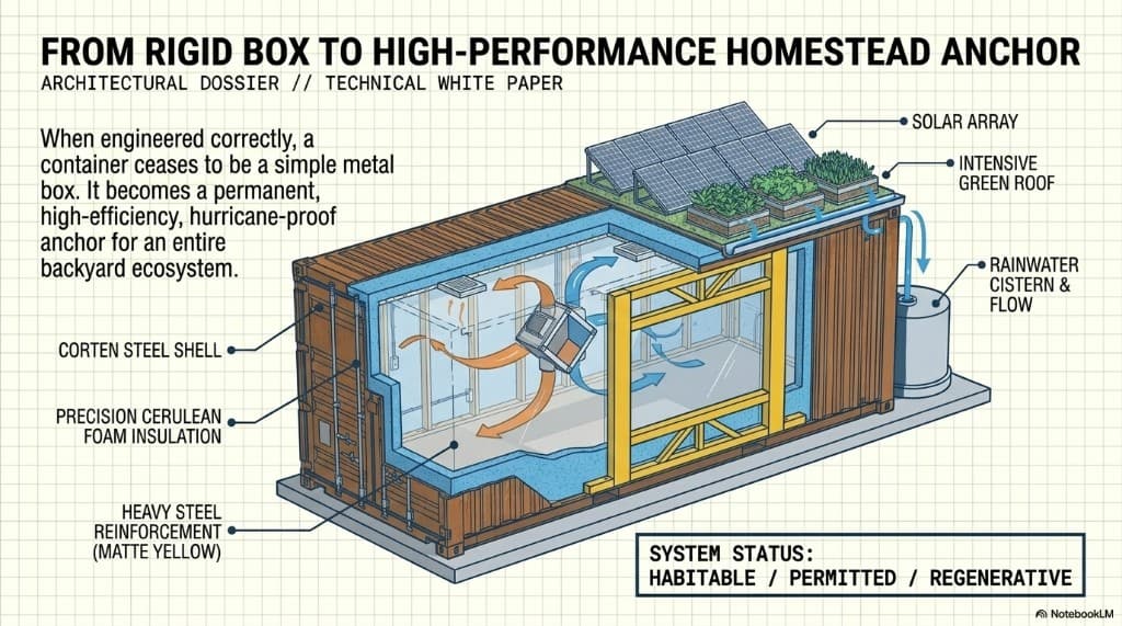 From rigid box to high-performance homestead anchor: permitted, habitable, regenerative container system with insulation, ERV, solar, green roof, and cistern.