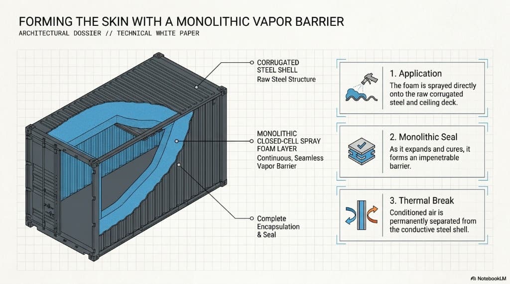 Forming the skin: closed-cell spray foam sprayed on corrugated steel creates a seamless monolithic vapor barrier and thermal break.