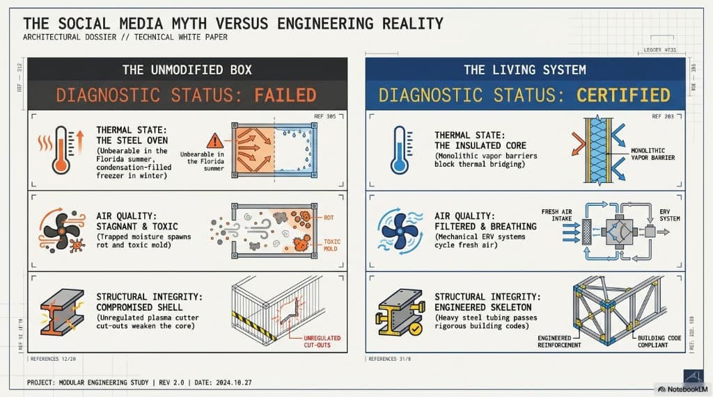 Side-by-side diagnostic: unmodified steel oven and compromised cut-outs versus insulated core, ERV air quality, and code-compliant engineered skeleton.