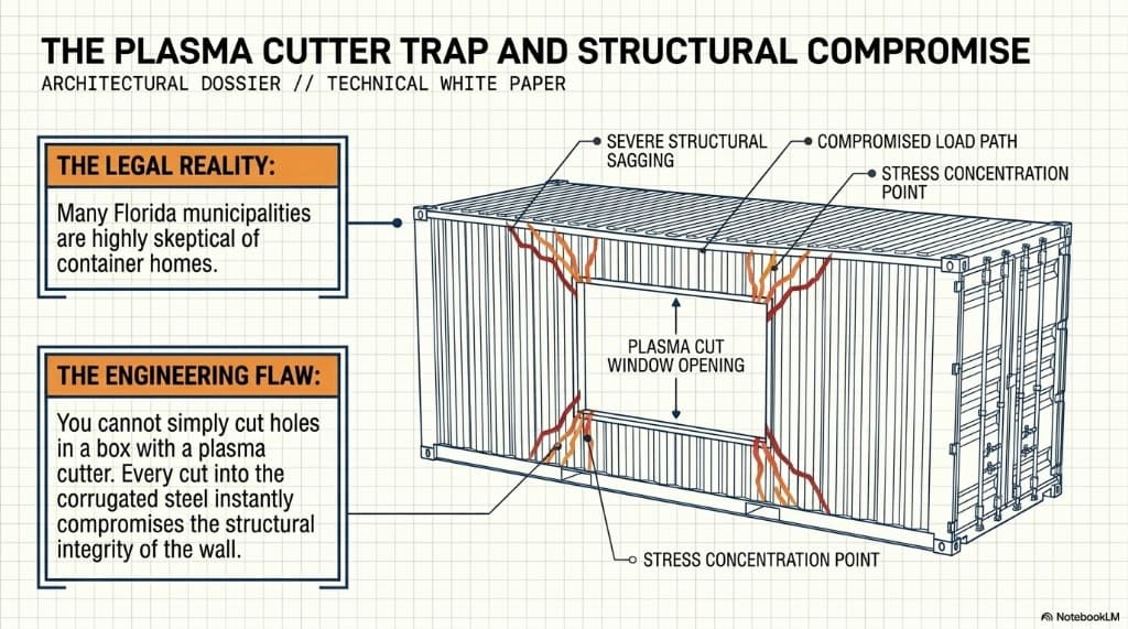 The plasma cutter trap: unregulated window cut-outs create stress concentrations and compromised load paths—Florida municipalities require engineered reinforcement instead.