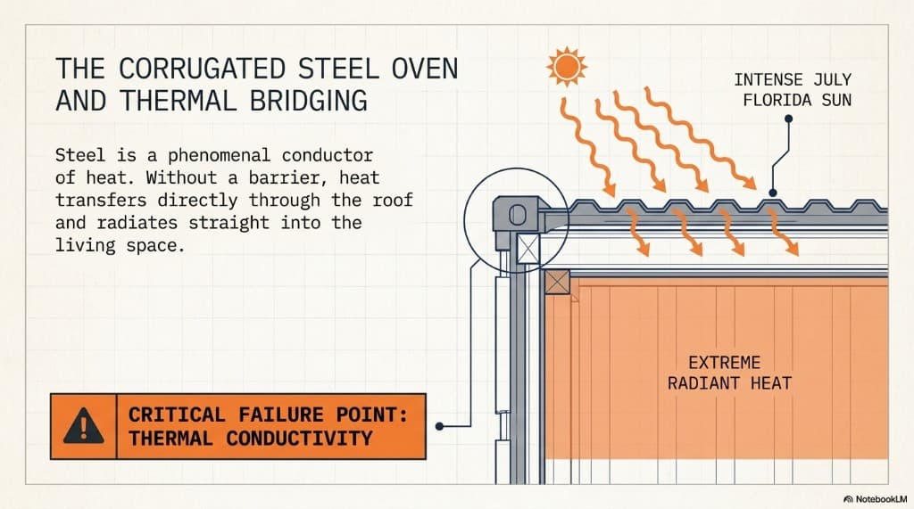 Thermal bridging: intense Florida sun conducts through corrugated steel roof and radiates extreme heat into the living space without a thermal break.