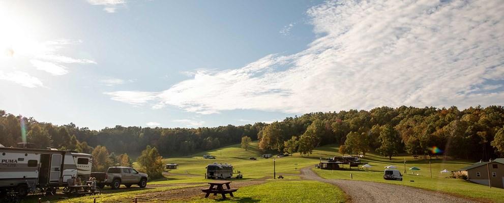 Floyd Parkway Village extended-stay RV and tiny-home community in the Blue Ridge Mountains near Floyd, Virginia