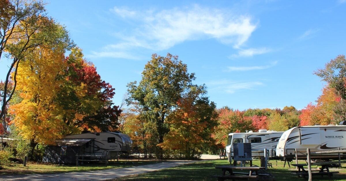 Wooded full-hookup seasonal RV sites at Sunsetview Farm Camping Area, Monson MA