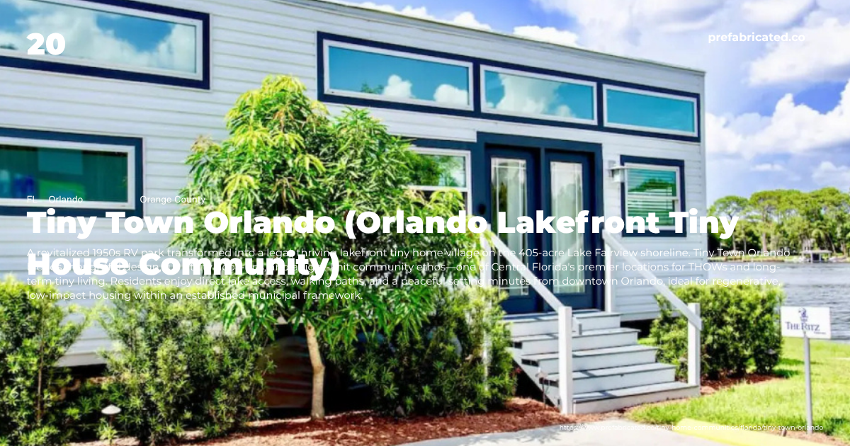 Colorful lakeside tiny homes at Tiny Town Orlando on Lake Fairview, with grass and reflections on the water.